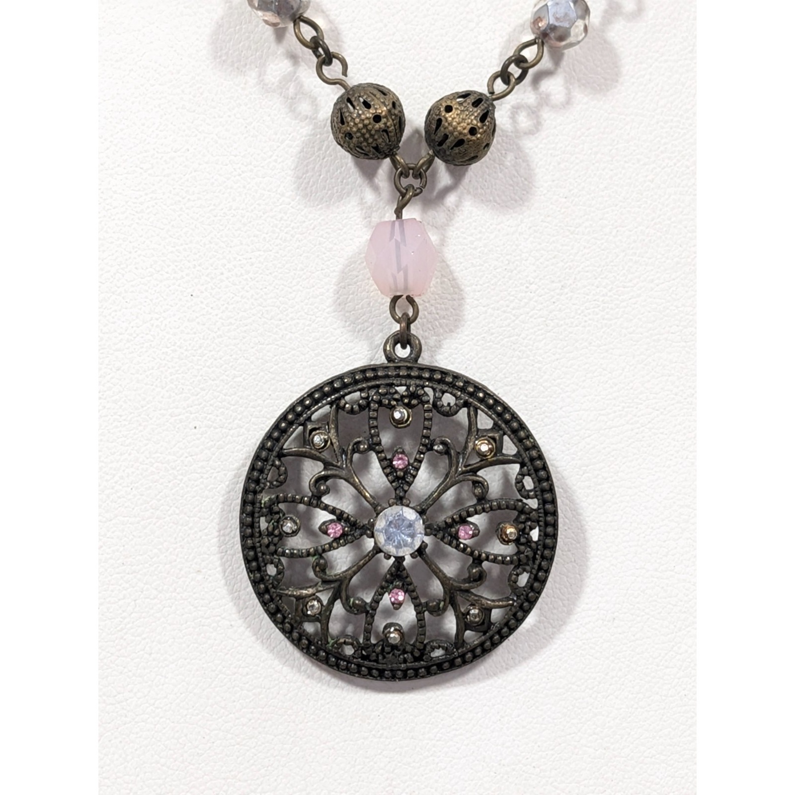 Nyc Bronze Tone Round Medallion Pendant Pink Beaded Necklace Boho 18 In